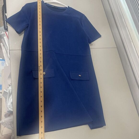ZARA FAUX SUEDE Shift Dress Sz M Retro Modern Blue Comfort Crew Short Sleeve - Picture 9 of 10